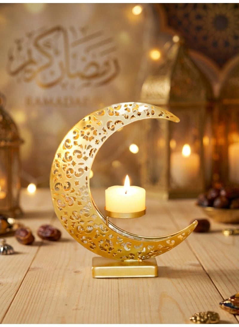 Ramadan Candle Holder, Elegant Metal Moon Shape Decorative Candlestick Holders, Ramadan Decorations  Gold Candle Holder for Ramadan Party Wedding Table Centerpieces - Image 1