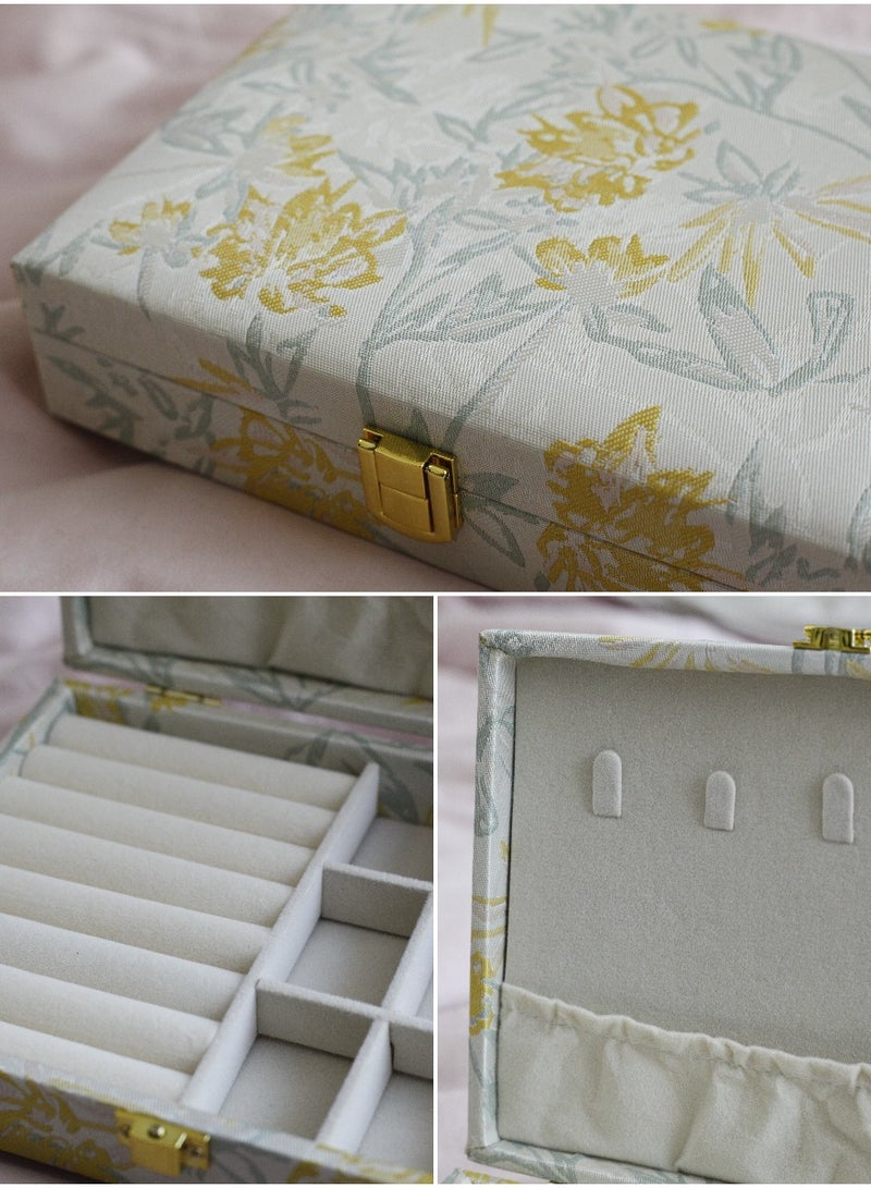Paraphrase Floral Jewelry Box Wrapped in Delicate Embroidered Fabric, Velvet Interior, Jewelry Organizer for Necklaces, Bracelets, Earrings, Ear Studs, Rings, Yellow - Image 3