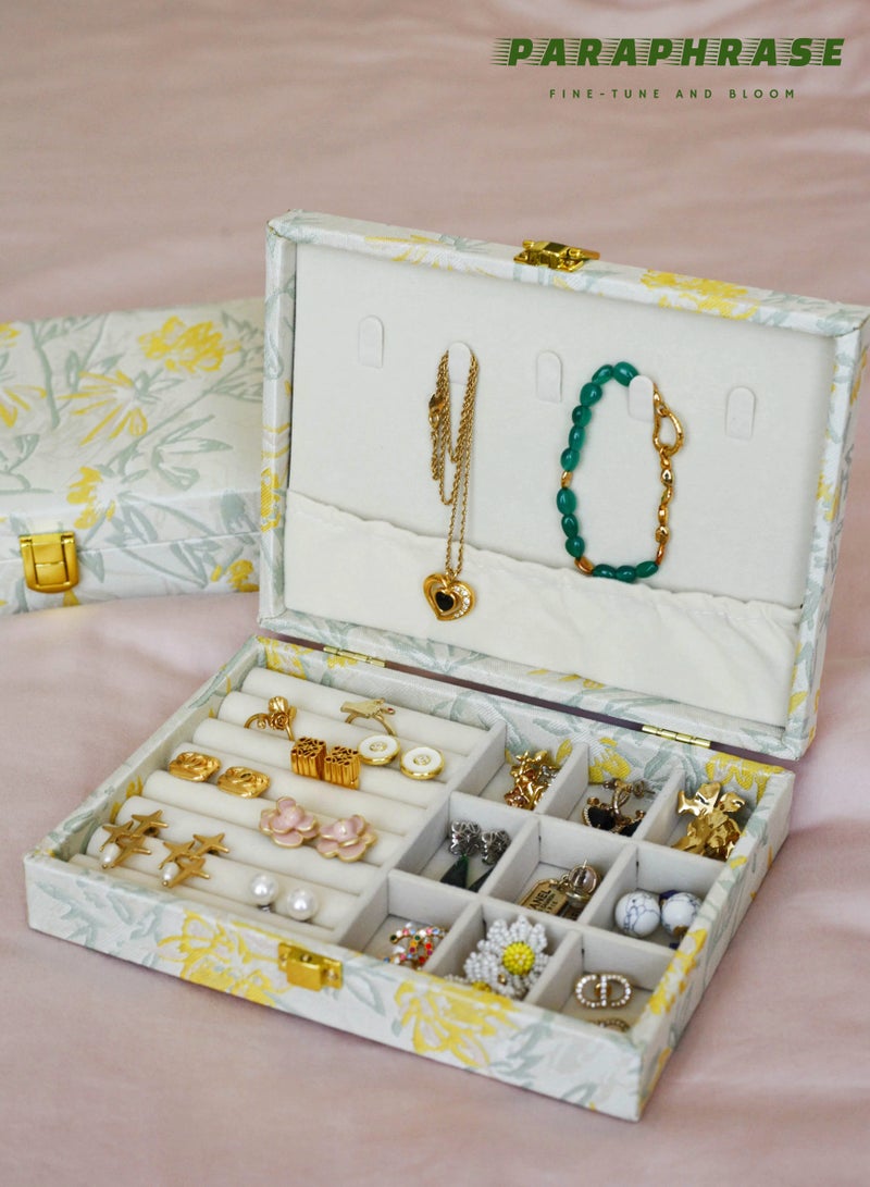Paraphrase Floral Jewelry Box Wrapped in Delicate Embroidered Fabric, Velvet Interior, Jewelry Organizer for Necklaces, Bracelets, Earrings, Ear Studs, Rings, Yellow - Image 1