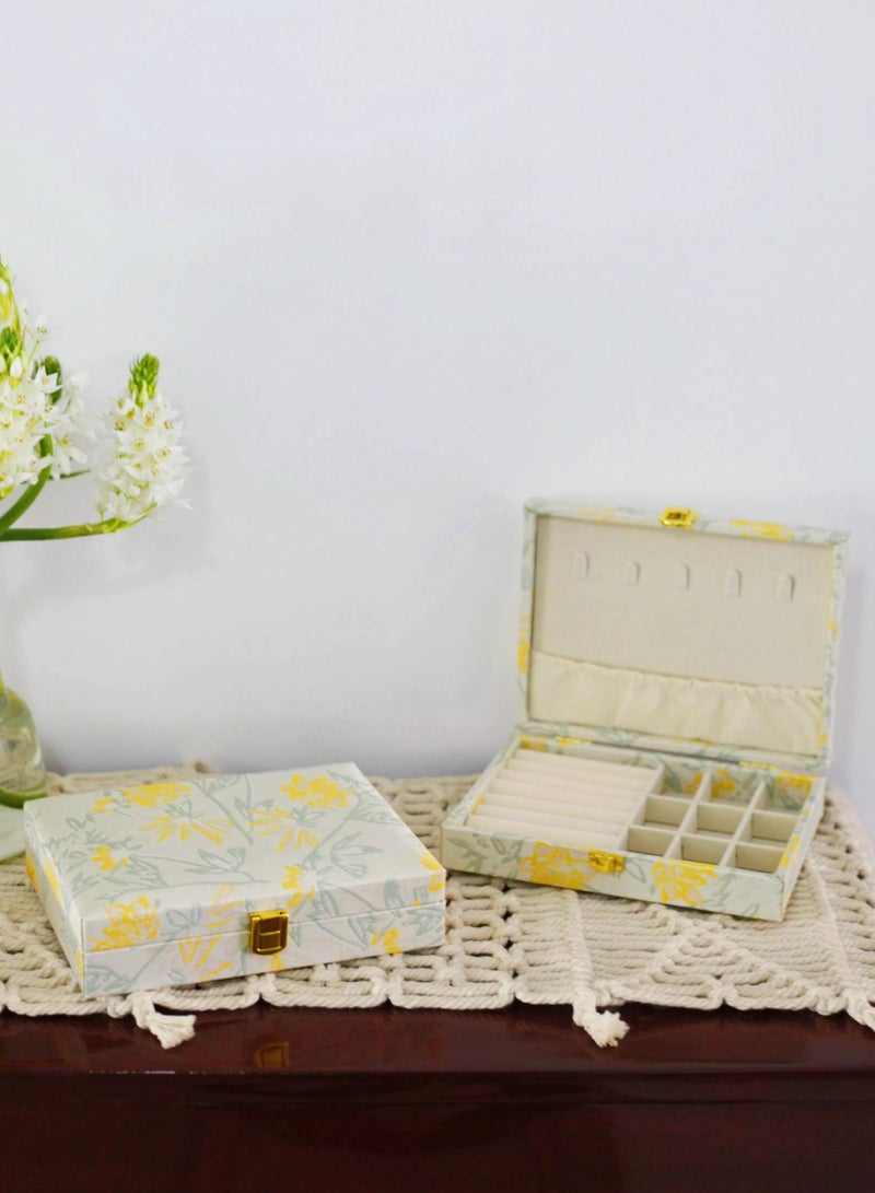 Paraphrase Floral Jewelry Box Wrapped in Delicate Embroidered Fabric, Velvet Interior, Jewelry Organizer for Necklaces, Bracelets, Earrings, Ear Studs, Rings, Yellow - Image 2