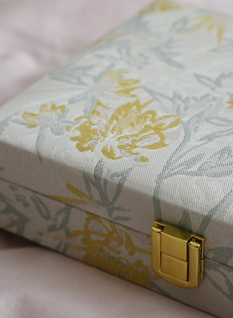 Paraphrase Floral Jewelry Box Wrapped in Delicate Embroidered Fabric, Velvet Interior, Jewelry Organizer for Necklaces, Bracelets, Earrings, Ear Studs, Rings, Yellow - Image 4