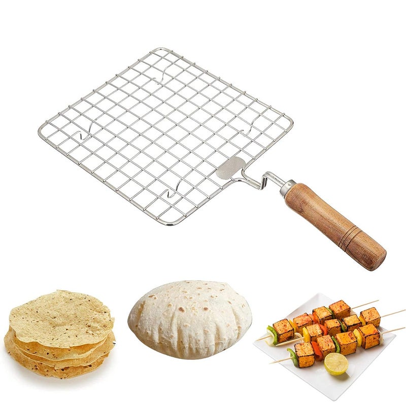 Jetoyni Jetoyni Papad Jali Roast, Paneer Grill, Roti Maker, Barbeque Jali Roaster Chapati Toast Grill Stainless Steel Wire Round Wooden Handle Vegetable Tandoor Net (Square)  - Image 1