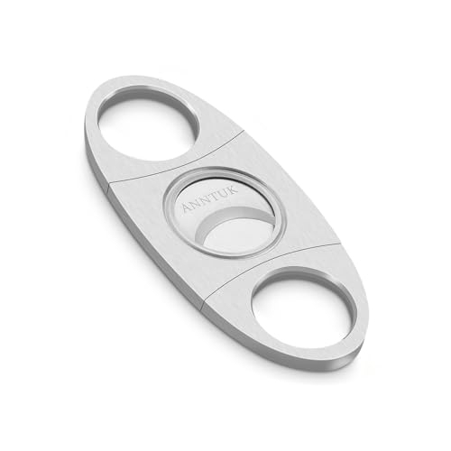 Anntuk Cigar Cutter Stainless Steel Guillotine Double Cut Blade in Leather Pouch, Silver - Image 1