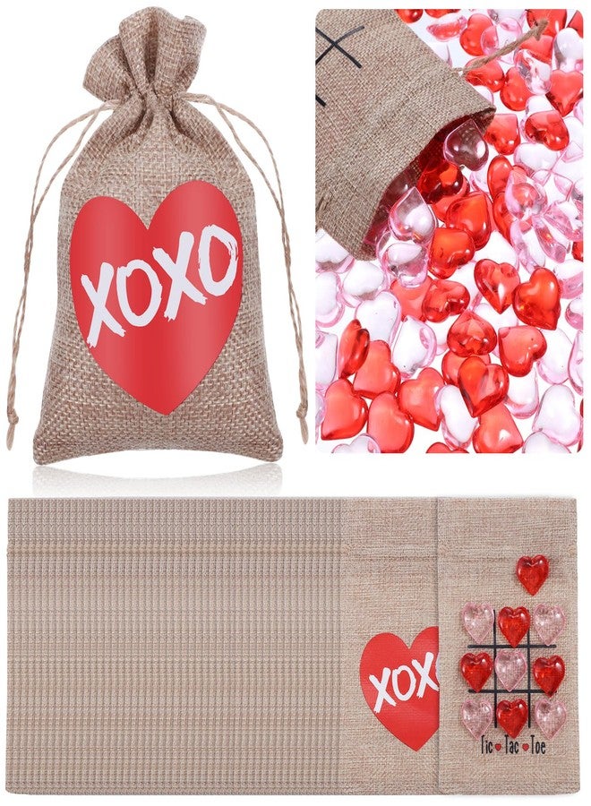 Woanger 36 Set Valentine Tic Tac Toe Bag 4 x 6 Linen Storage Bag with 450 Pink Red Acrylic Heart Valentine Vase Filler Heart Shaped Beads Table Scatter Decoration for Valentine‘s Day Party Game - Image 1