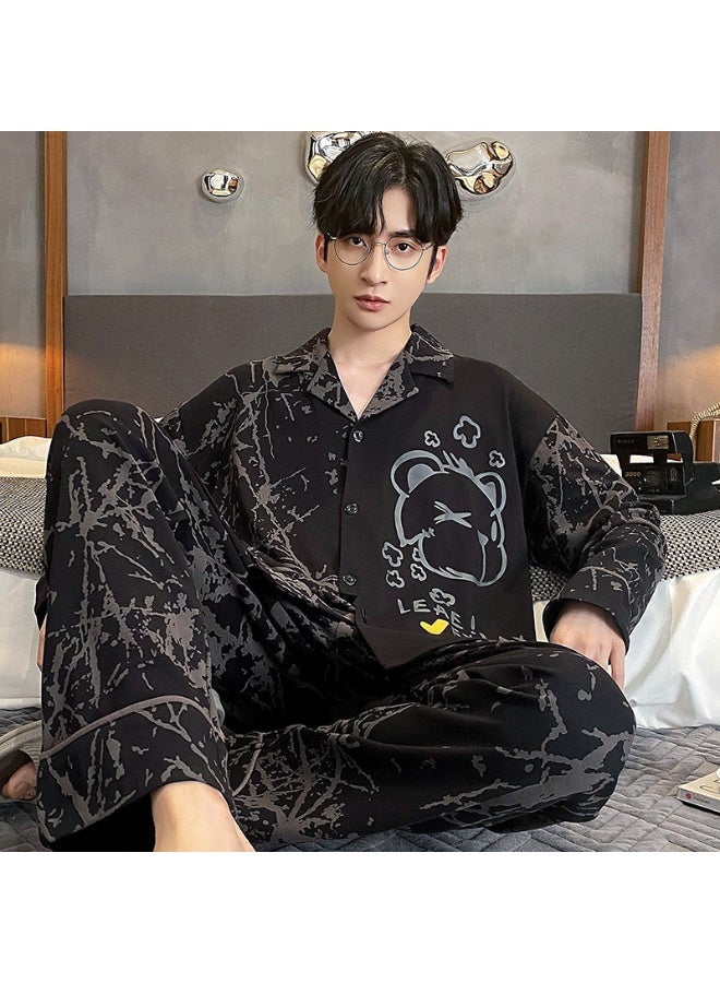 Pajamas Men's Spring Autumn Nightgowns Cartoon  Cardigan Youth Homewear Long-Sleeved Sleepwear Loungewear - Image 1