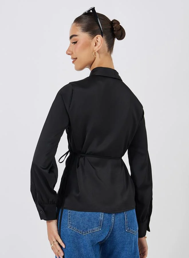 Styli Solid Wrap Top with Full Length Cuffed Sleeve
