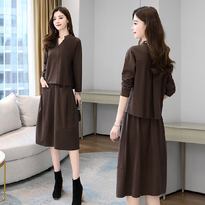 Elegant Casual Two-Piece Dress Set 2022 Coffee - Image 1