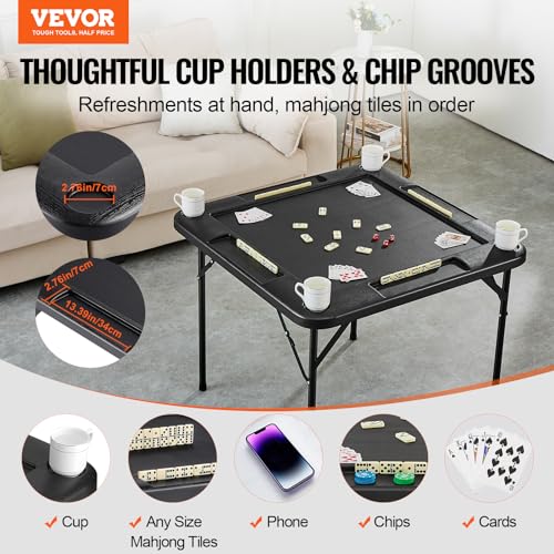 VEVOR Folding Card Table 4 Player Portable with 4 Cup Holders Chip Trays Mahjong Domino Game Set 354 x 354inch Black - Image 5