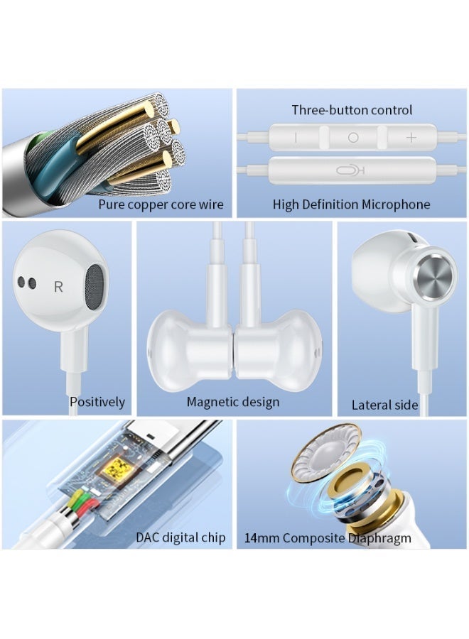 BABONA USB C Headphones Wired Type C Earphones for Samsung Galaxy S26 S25 S24 Plus S23 S22 S21 S20 Ultra Magnetic Corded Earbuds for iPhone 15 Pro Max 16 16e 17 17e Air for Apple Android Ear Buds White - Image 3