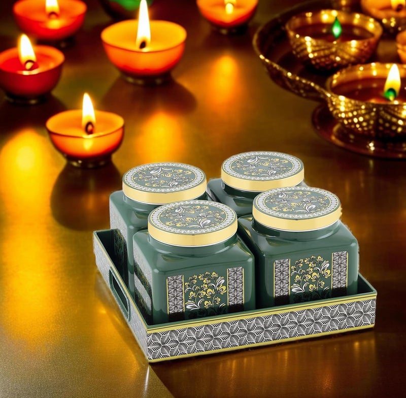 Nabhya Carban 4pc Airtight Dry Fruit Containers Set With Lid & Serving Tray, Dry Fruit Box for Serving Sweets, Chocolates, Candy, Pickle, Mukhwas, Kitchen Accessories Items (Green) (Pack of 4) - Image 2