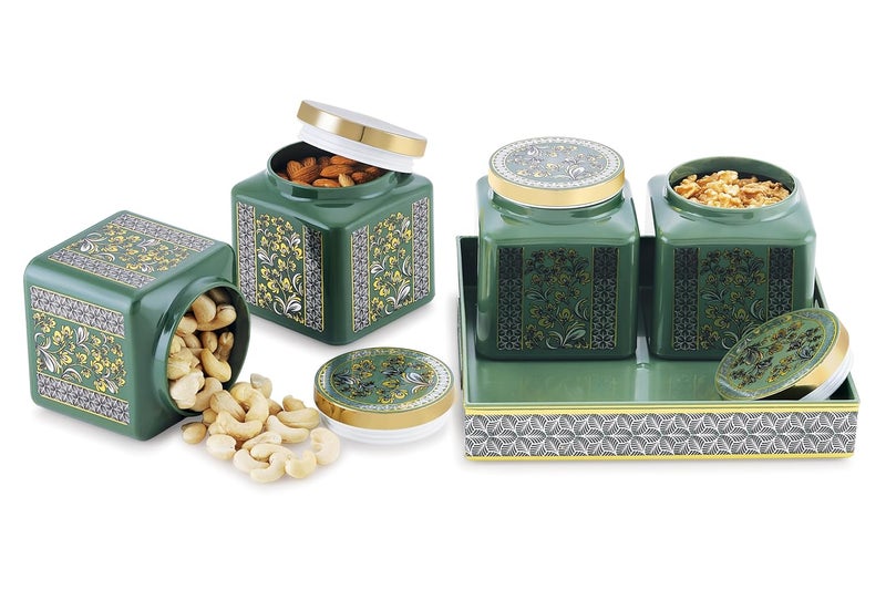 Nabhya Carban 4pc Airtight Dry Fruit Containers Set With Lid & Serving Tray, Dry Fruit Box for Serving Sweets, Chocolates, Candy, Pickle, Mukhwas, Kitchen Accessories Items (Green) (Pack of 4) - Image 1