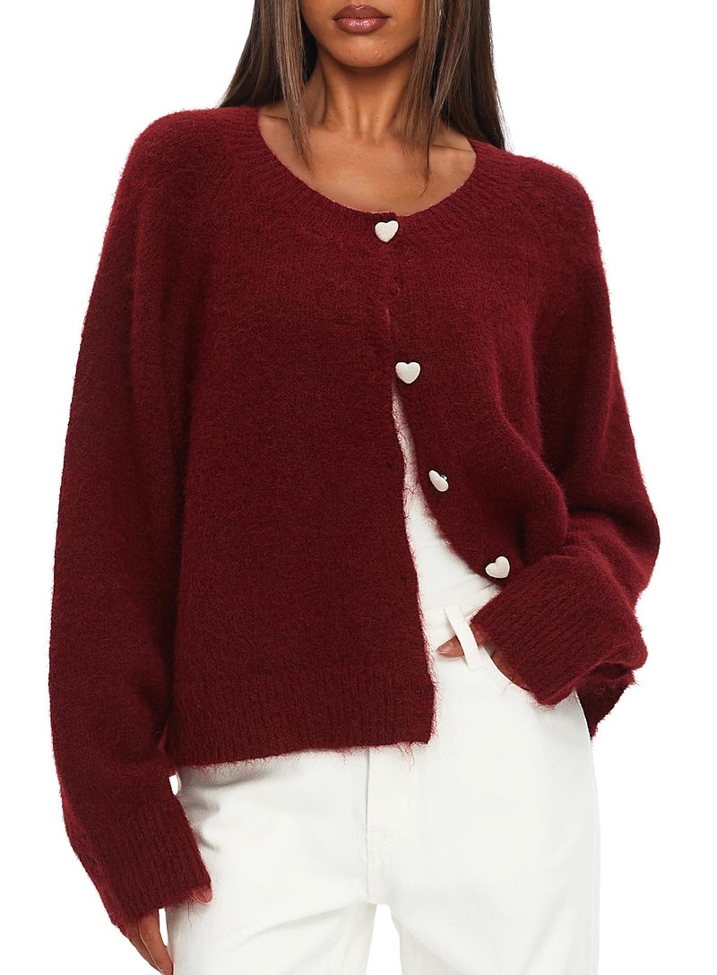 Darong Women's Cropped Cardigan Sweaters Fall Long Sleeve Open Front Cardigans Button Down Knit Outwear Coats 9123 Red S - Image 1