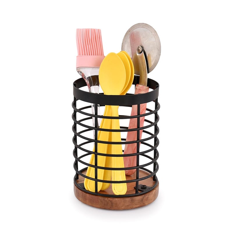 EDHAS Black Iron Kitchen Utensil Holder with Acacia Wooden Base Round Flatware Storage for Countertop 45 x 45 x 6