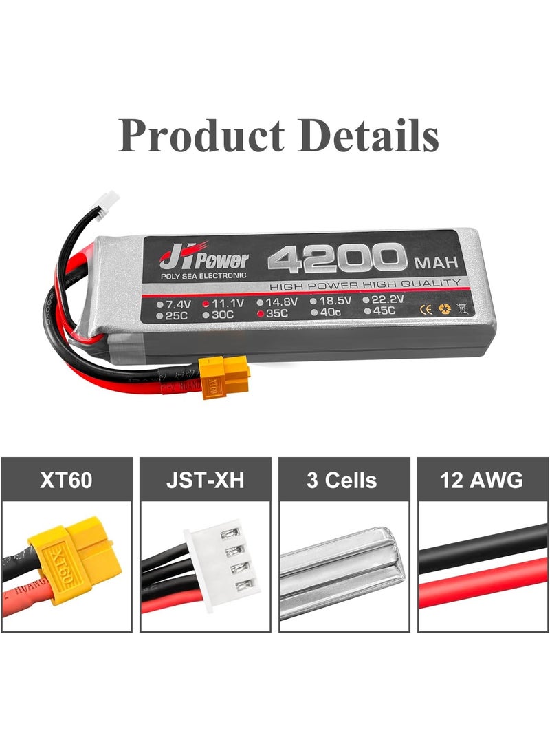 HAWK'S WORK 3S Lipo Battery 11.1V 4200mAh 35C, LiPo Battery Pack with XT Connector for FPV Drone Quadcopter RC Helicopter Airplane Boat Car Truck Hobby - Image 2