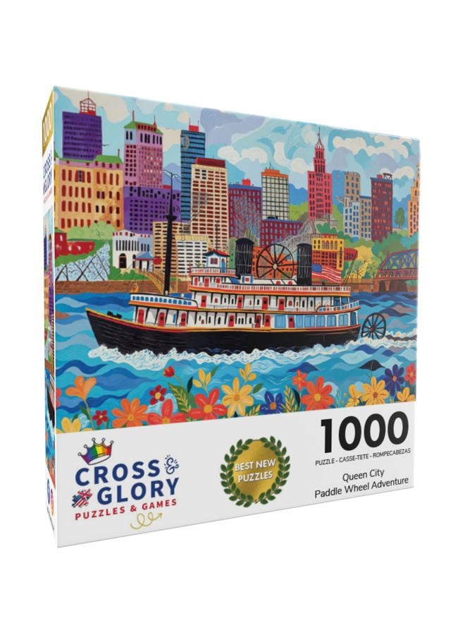 Cross & Glory مغامرة عربة التجديف في مدينة الملكة - مشهد قارب نهر تاريخي في سينسيناتي - لغز مكون من 1000 قطعة صديق للبيئة للبالغين - تصميم فني شعبي نابض بالألوان مع لمسة ساتانية - 20x27 بوصة - Image 2