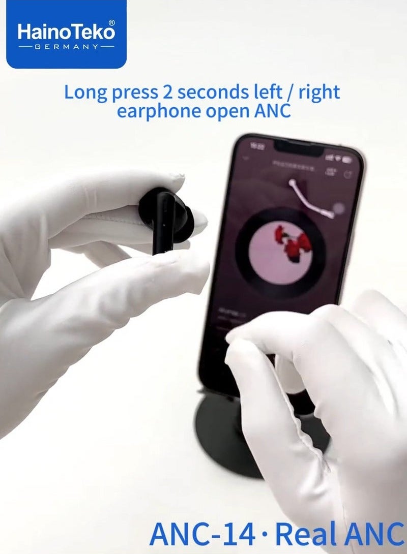 Haino Teko ANC-14 Bluetooth Earphones | Real Active Noise Cancellation | Deep Bass Music | Super Clear Microphone | Multi-Functional Touch Control | Compatible with iPhones & iPads | White - Image 4