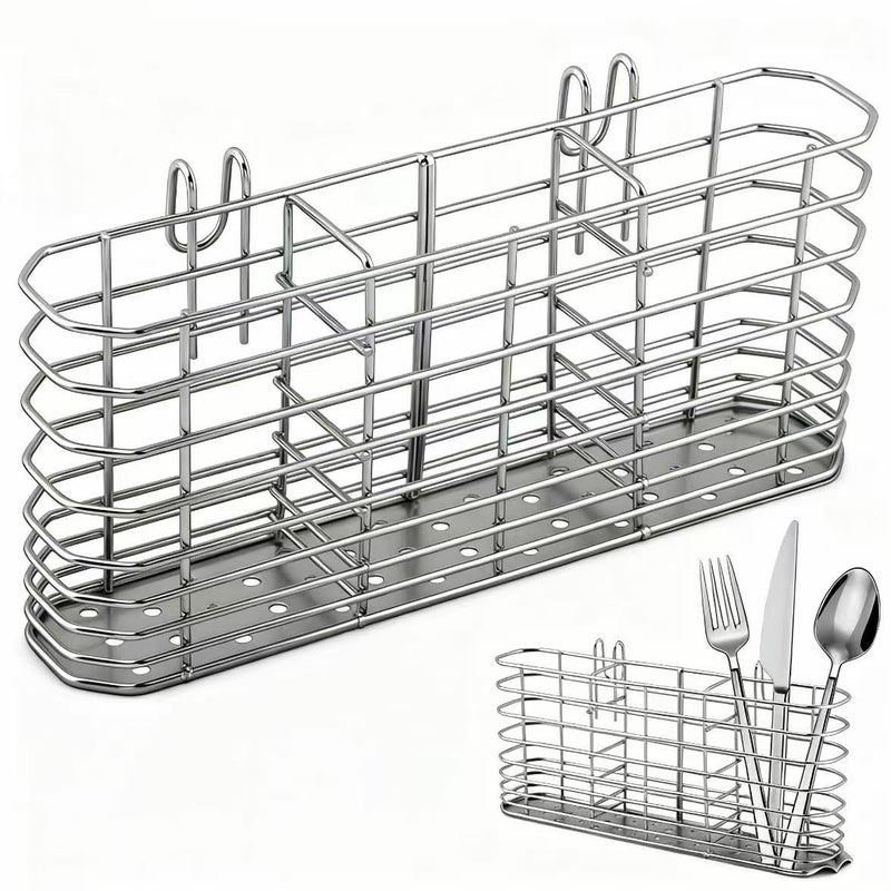 Ranjaner 304 Stainless Steel Utensil Holder, Dish Drying Rack with Hooks, Utensil Holder for Sink, Knife and Fork Drainer Basket, Kitchen Drainage Basket Accessories(Sliver,Size:7.9inch) - Image 1
