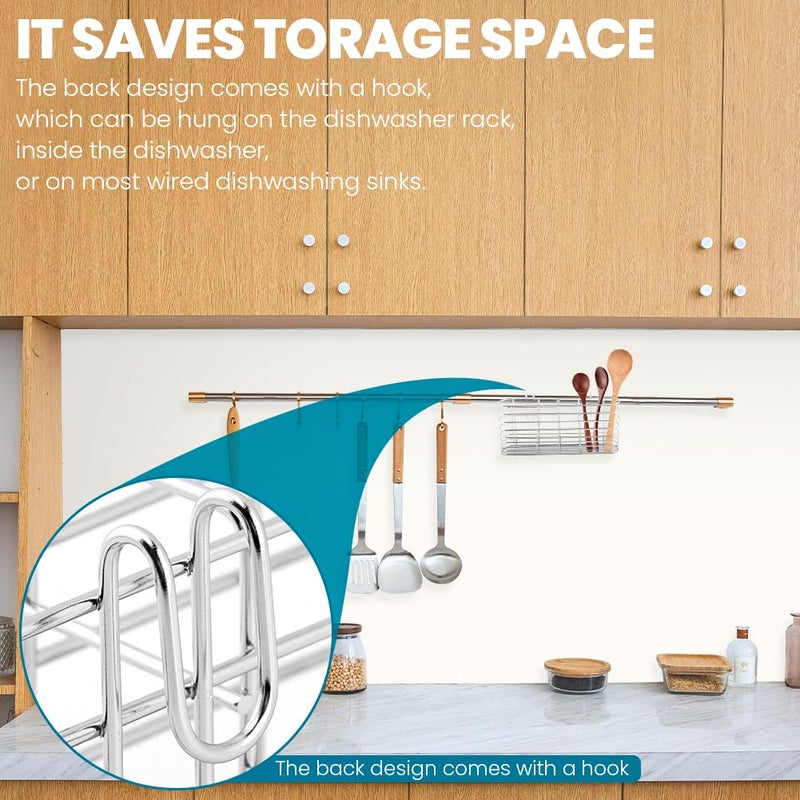 Ranjaner 304 Stainless Steel Utensil Holder, Dish Drying Rack with Hooks, Utensil Holder for Sink, Knife and Fork Drainer Basket, Kitchen Drainage Basket Accessories(Sliver,Size:7.9inch) - Image 5