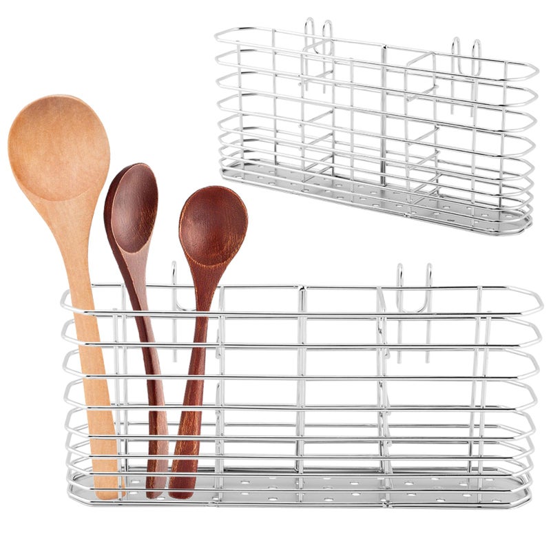 Ranjaner 304 Stainless Steel Utensil Holder, Dish Drying Rack with Hooks, Utensil Holder for Sink, Knife and Fork Drainer Basket, Kitchen Drainage Basket Accessories(Sliver,Size:7.9inch) - Image 2
