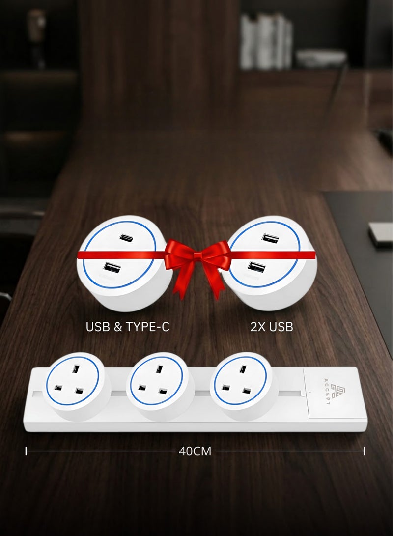 بكج مجرى مسار كهربائي من ماركة ACCEPT طول 40 سم مع 5 أفياش (3 ثلاثية، 1 مزدوج USB، 1 USB و Type-C) - أبيض