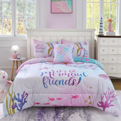 Cokouchyi Twin Size Comforter Set for Girls, 5-Piece Bed in a Bag, 3D Colorful Mermaid Bedding Comforter Sheet Set, Ultra Soft and Fluffy, Mermaid - Image 1