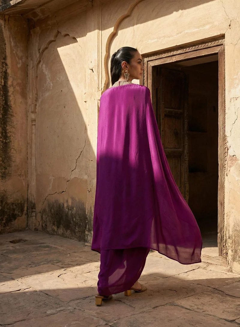 آي شين Wine Poly Embroidered Relaxed A-Line Kaftan & Full Length Palazzo Co-Ords For Women