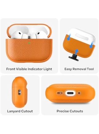 جراب متوافق مع AirPods Pro 3 (2025)، غطاء واقٍ مقاوم للصدمات من مادة TPU بملمس جلدي مع مجموعة تنظيف وسلسلة مفاتيح، إضاءة LED أمامية مرئية، لـ AirPods Pro الجيل الثالث - برتقالي كوزميك - view 5