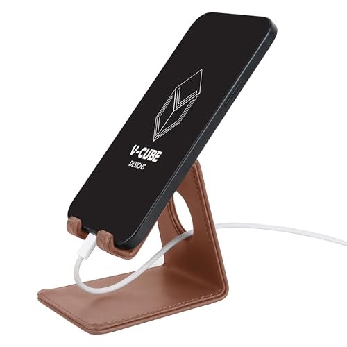 V-CUBE DESIGNS Premium Vegan Leather Universal Mobile Holder | Steel Frame | Angular Desk Phone Stand with Anti-Slip Leather Surface | Fits All Smartphones, Tablets, Kindle, iPad up to 7 Inches | Tan - Image 1