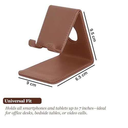 V-CUBE DESIGNS Premium Vegan Leather Universal Mobile Holder | Steel Frame | Angular Desk Phone Stand with Anti-Slip Leather Surface | Fits All Smartphones, Tablets, Kindle, iPad up to 7 Inches | Tan - Image 2