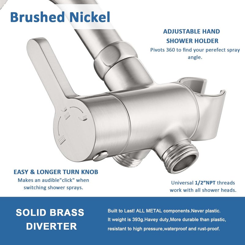 Uvish 3 Way Shower Diverter Valve with Hand Shower Holder, G1/2 Shower Head Splitter, Shower Arm Diverter, Bathroom Universal Shower System Replacement Part (Brushed) - Image 2