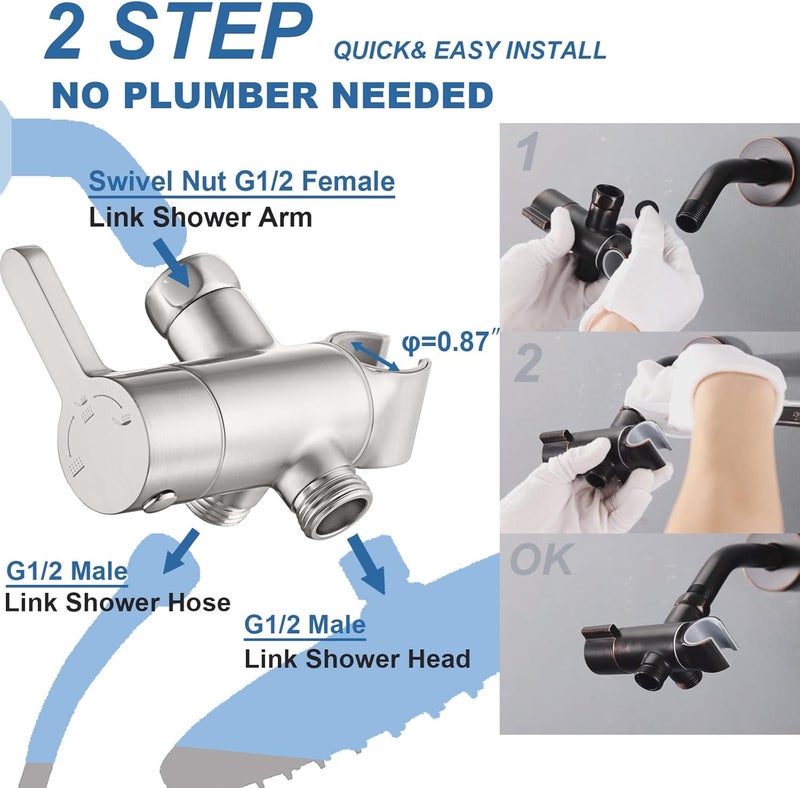 Uvish 3 Way Shower Diverter Valve with Hand Shower Holder, G1/2 Shower Head Splitter, Shower Arm Diverter, Bathroom Universal Shower System Replacement Part (Brushed) - Image 3