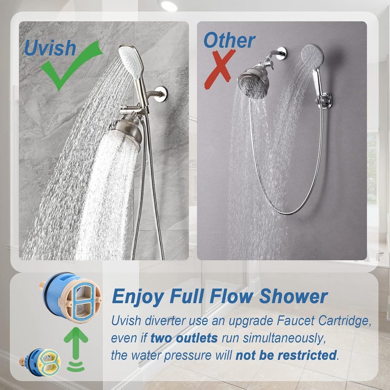 Uvish 3 Way Shower Diverter Valve with Hand Shower Holder, G1/2 Shower Head Splitter, Shower Arm Diverter, Bathroom Universal Shower System Replacement Part (Brushed) - Image 5