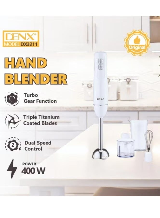 Denx 4-In-1 Hand Blender 400W With grinder, whisk and 700 ml cup White
