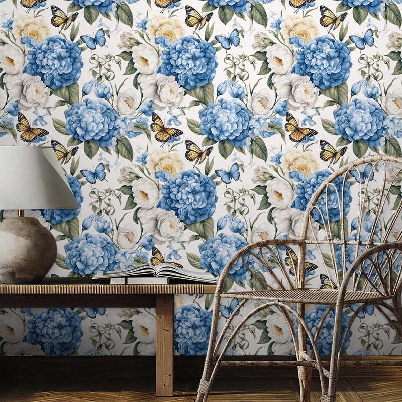 REDAMANCY White Blue Yellow Hydragea Floral Vintage Butterfly Peel and Stick Wallpaper Stick on Contact Paper Vintage Wall Paper Easy Peel Off for nightstand Drawer Cabinet Renter - Image 3