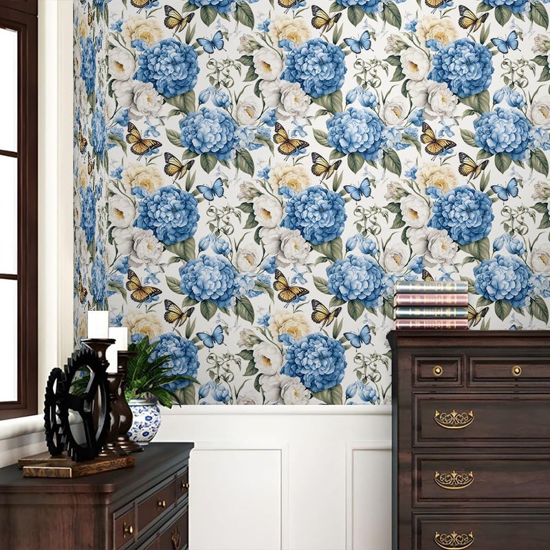 REDAMANCY White Blue Yellow Hydragea Floral Vintage Butterfly Peel and Stick Wallpaper Stick on Contact Paper Vintage Wall Paper Easy Peel Off for nightstand Drawer Cabinet Renter - Image 2