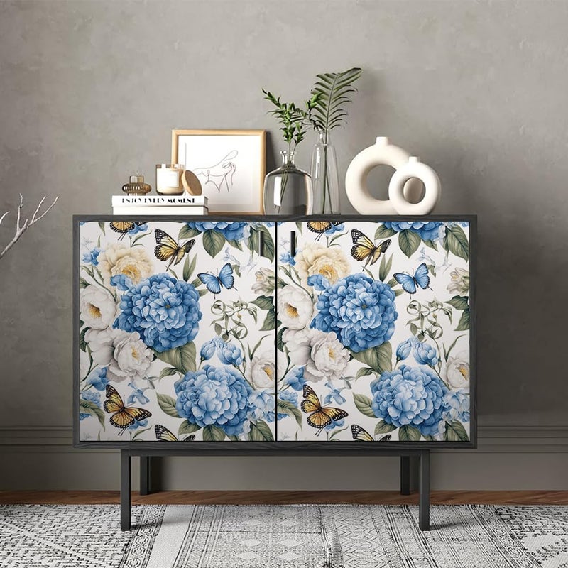 REDAMANCY White Blue Yellow Hydragea Floral Vintage Butterfly Peel and Stick Wallpaper Stick on Contact Paper Vintage Wall Paper Easy Peel Off for nightstand Drawer Cabinet Renter - Image 4