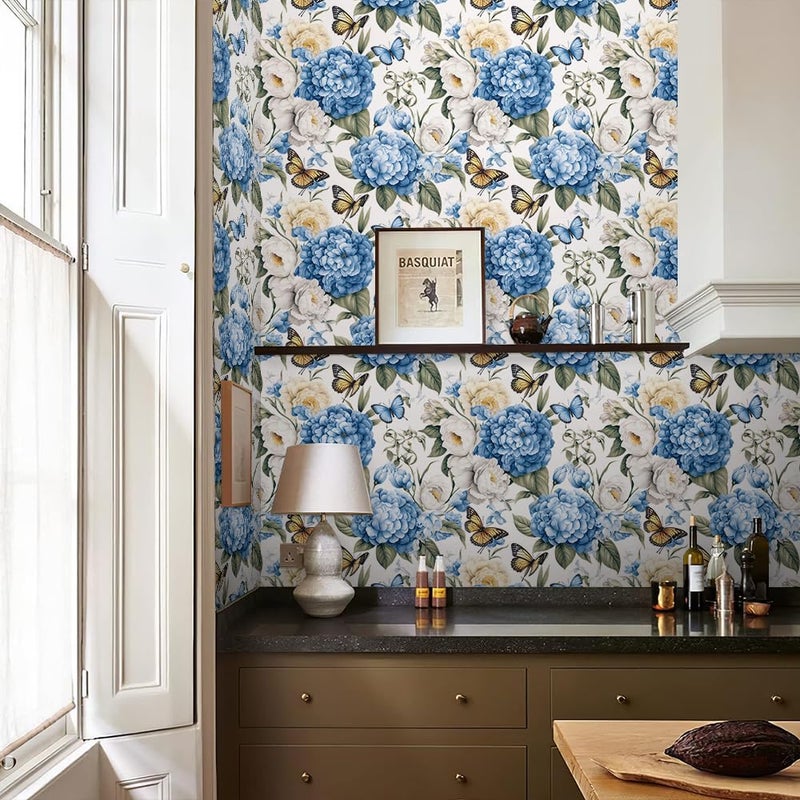REDAMANCY White Blue Yellow Hydragea Floral Vintage Butterfly Peel and Stick Wallpaper Stick on Contact Paper Vintage Wall Paper Easy Peel Off for nightstand Drawer Cabinet Renter - Image 5