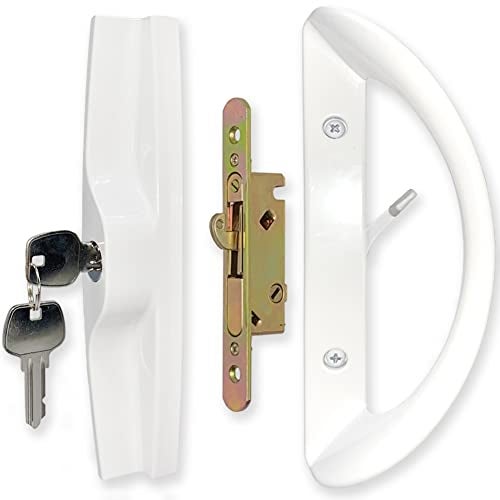 ALLYWASAI Patio Sliding Door Handle Set with Mortise Lock, Key Cylinder and Face Plate, Full Replacement Handle Lock Set Fits Door Thickness from 1-1/2" to 1-3/4", 3-15/16" Screw Hole Spacing, White - Image 1