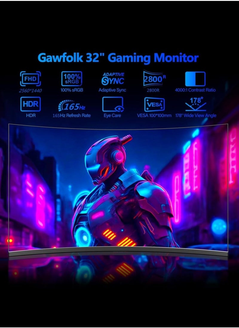 HILUKE - 32 Inch Ultrawide Monitor, 165Hz WQHD 2560X1440 Curved Gaming Monitor, 1500R PC Monitor, HDR, FreeSync & G-Sync, HDMI, DisplayPort, VESA, Tilt Swivel Height Pivot Adjustment - Image 1