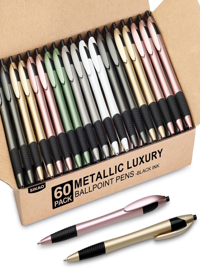 Sikao Metallic Pens, Pack 60 Luxe Gripped Slimster Pencils, Black Ink 1mm, Smooth Writing, Retractable Pens for Office, School, Teachers, Reception and Corporate Gifts - Image 1