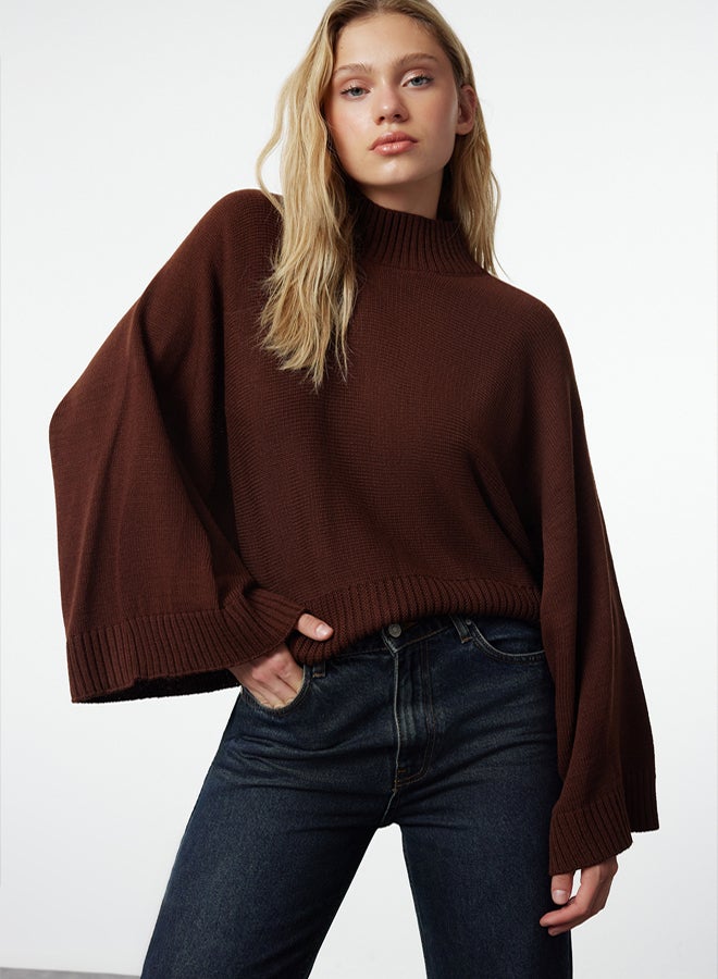 trendyol Brown Wide Pattern Spanish Sleeve Knitted Sweater - Image 1