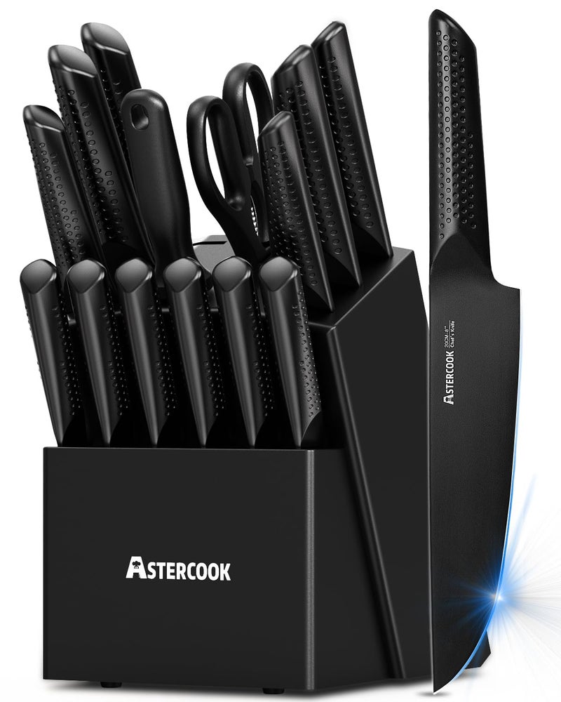 Knife Set 15 Pieces Chef Knife Set with Block for Kitchen German Stainless Steel Knife Block Set Dishwasher Safe Elegant Black
