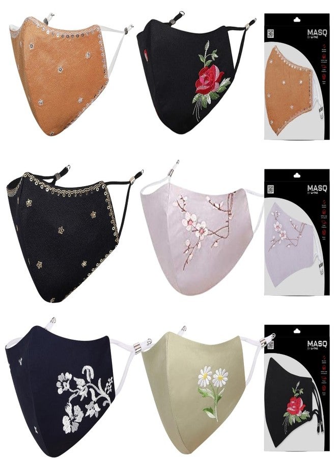 MASQ Floral Reusable, Washable, Anti-Bacterial(BFE>99%) 4 Layer Embroidered, Fashionable 100% Pure Cotton Cloth Face Mask for Women with Ear Adjusters (Cherry_Blush_Combo_L_06) - Image 1