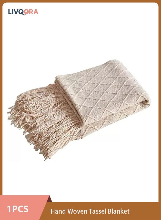 ليفقورا بطانية محبوكة يدويًا للأريكة والسرير، بطانية محبوكة لديكور المنزل بمهدب 127x172 سم (كاكي) - Image 1