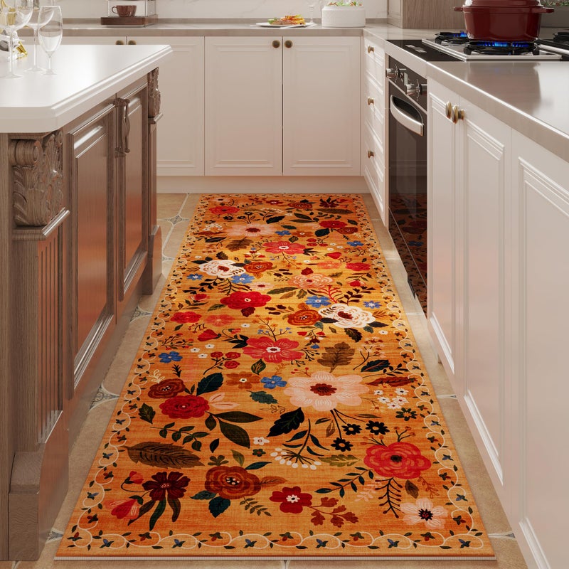Rugcomf Runner Rug for Hallways Kitchen Rug Non Slip 26x8 Washable Runner Rugs with Rubber Backing Soft Floral Carpet Runner for Hallways Kitchen Laundry Bedroom BathroomYellow