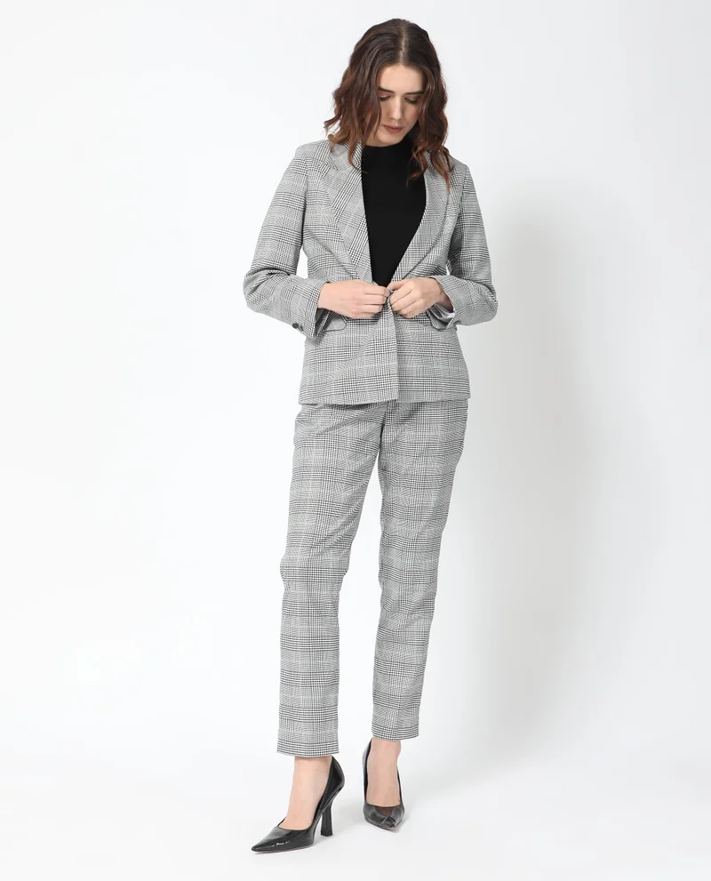 ريريزم Women's Classic Checkered Lapel Collar Blazer