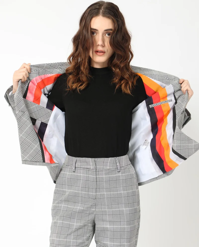 Rareism Women's Classic Checkered Lapel Collar Blazer