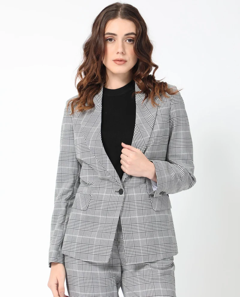 Rareism Women's Classic Checkered Lapel Collar Blazer