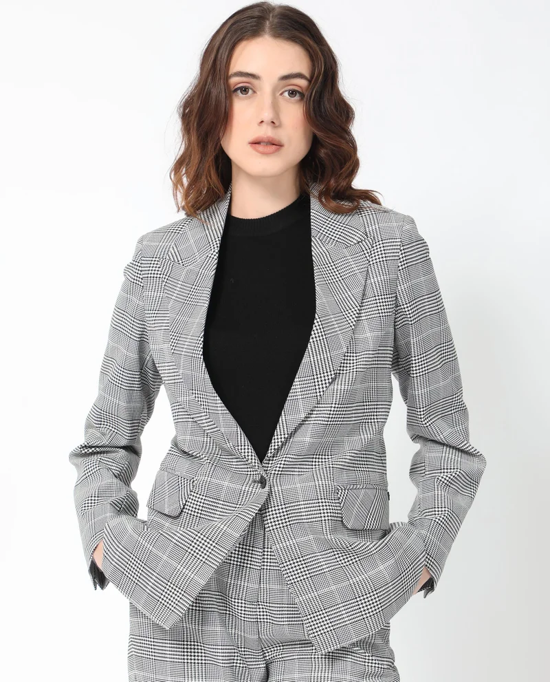ريريزم Women's Classic Checkered Lapel Collar Blazer