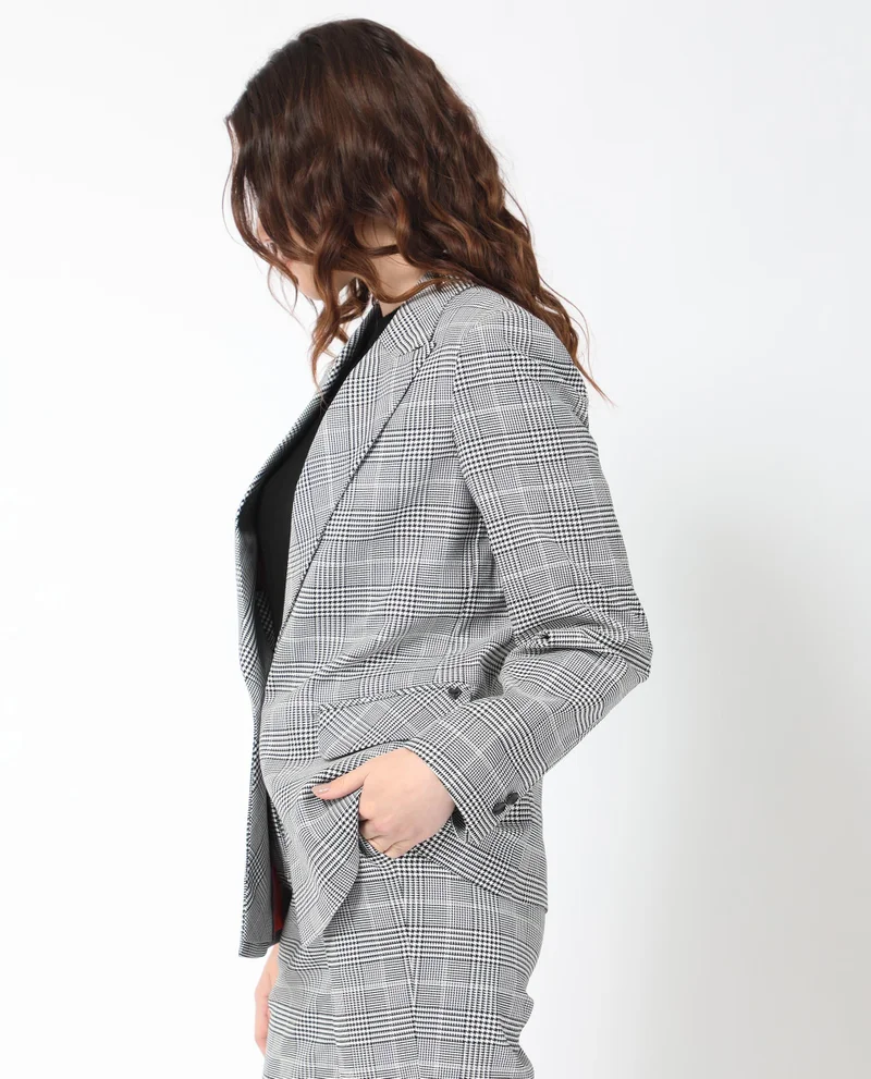 Rareism Women's Classic Checkered Lapel Collar Blazer